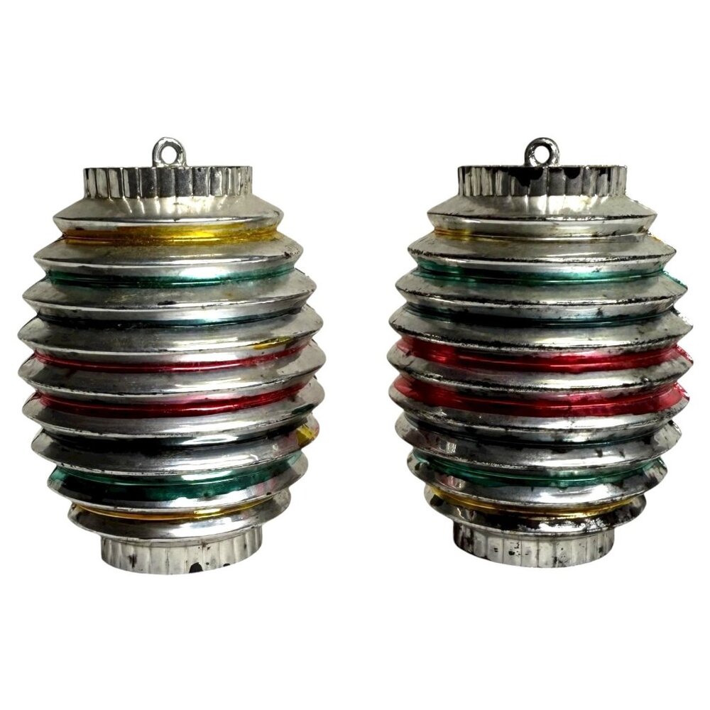 2 Vintage Bradford Hard Plastic Barrel Lantern Christmas Ornament Striped Silver